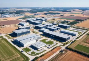 Aerial view of a large data center campus in Ohio