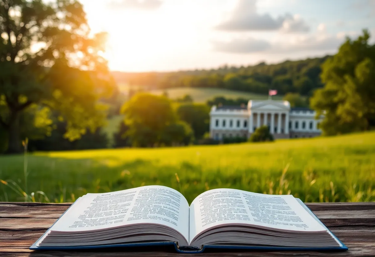 A peaceful landscape with an open book symbolizing education and legacy.