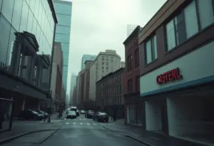 A cityscape showcasing empty buildings and signs of a financial crisis.