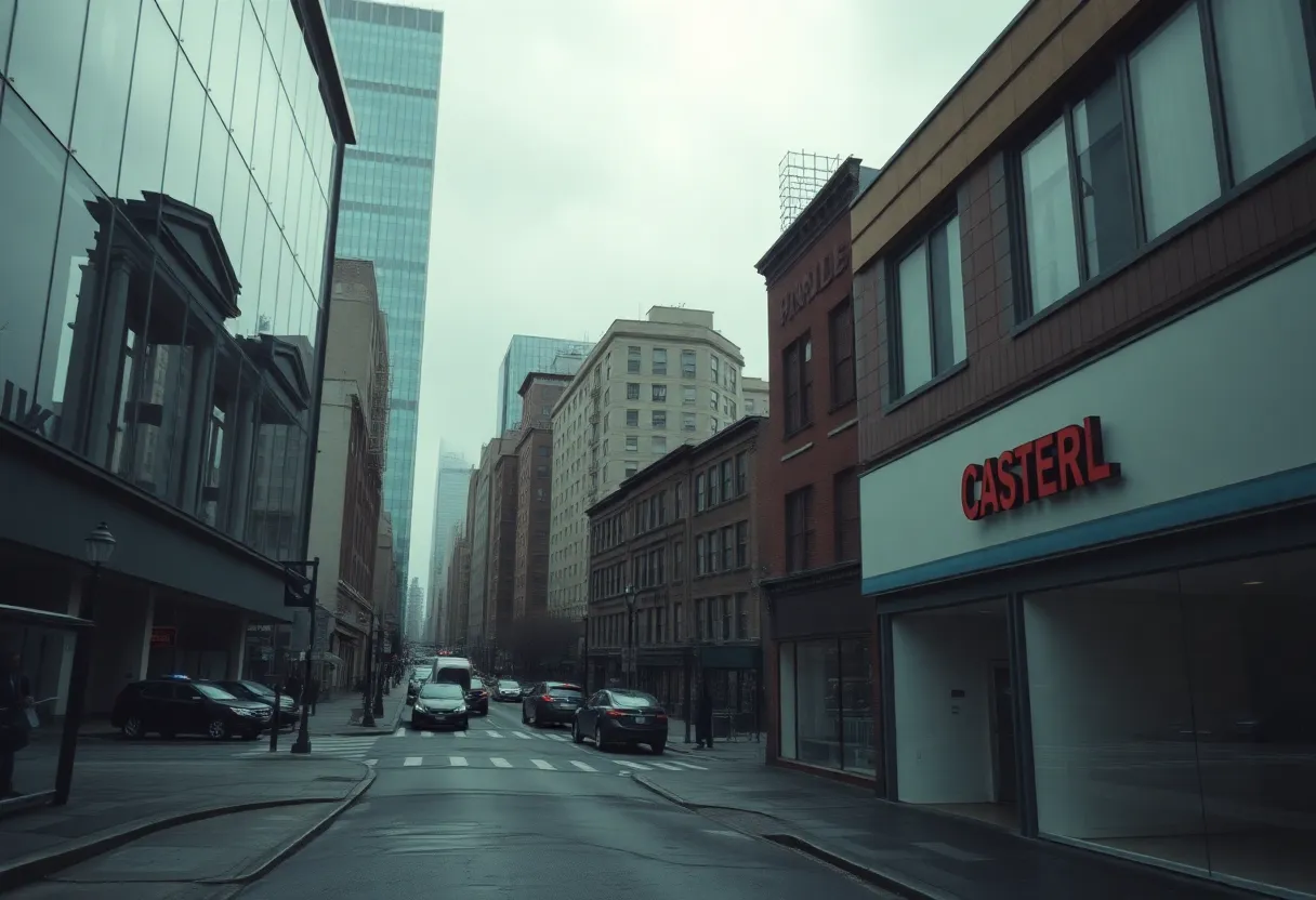 A cityscape showcasing empty buildings and signs of a financial crisis.