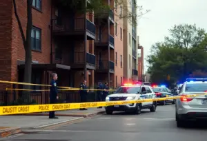 Police vehicles at an apartment building during a standoff