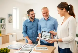 Couple communicating with a realtor about home buying.