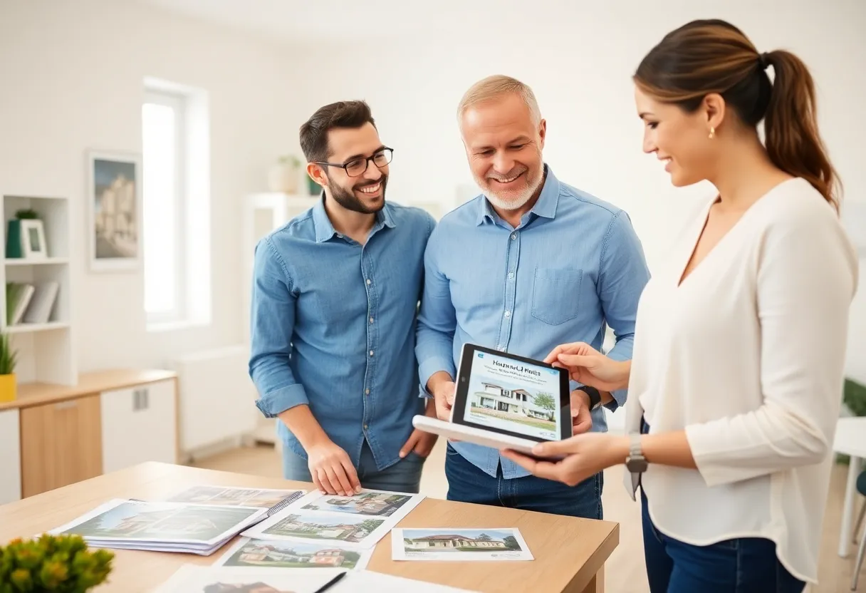 Couple communicating with a realtor about home buying.