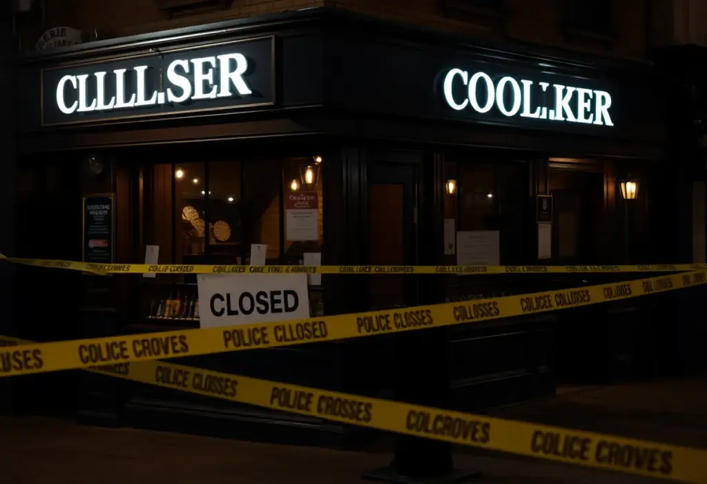 Exterior view of the closed Exquisite Lounge with police tape