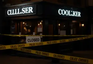 Exterior view of the closed Exquisite Lounge with police tape