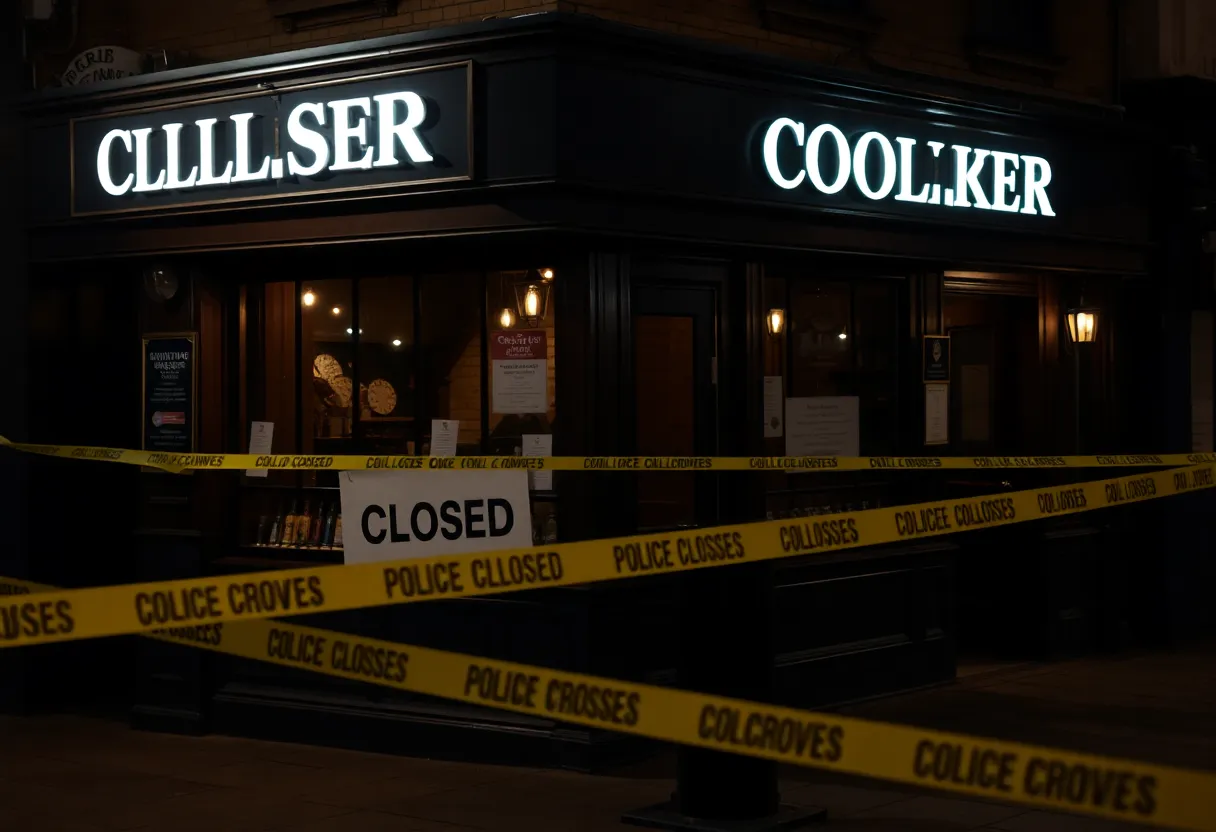 Exterior view of the closed Exquisite Lounge with police tape