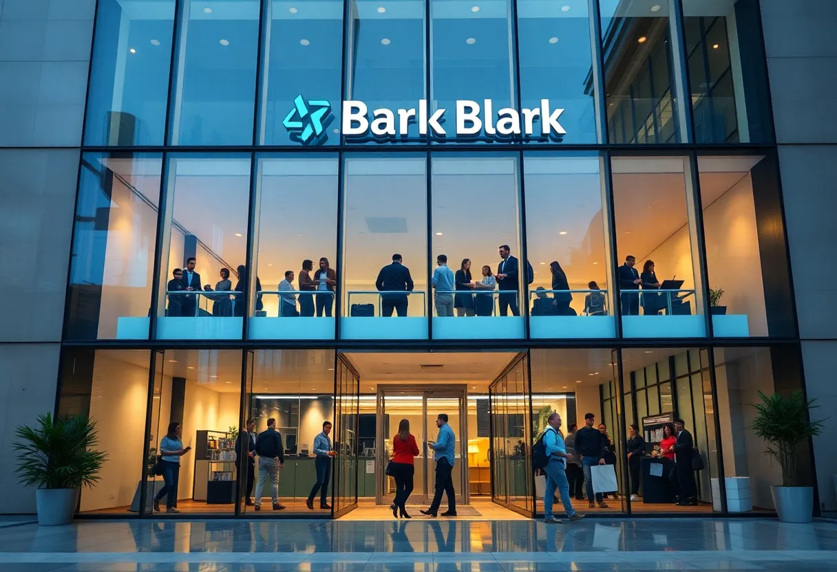 Illustration of bank employees collaborating in a modern office environment.