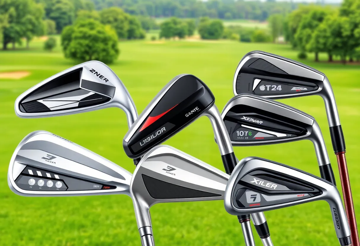Set of game improvement irons displayed on a golf course.