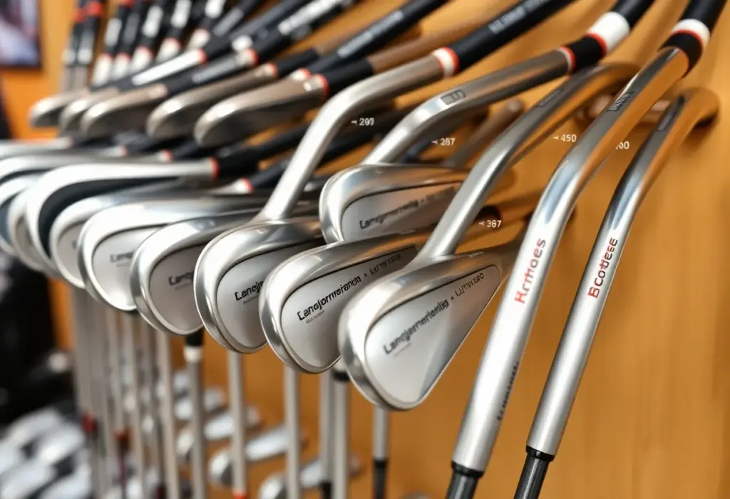 Various golf clubs displayed on a golf course