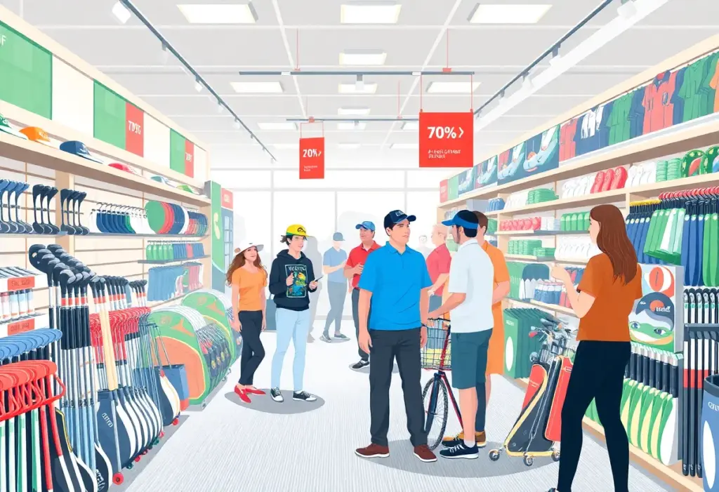 Inside view of a bustling golf retail shop displaying various golf equipment.