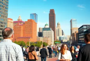 Cityscape of Greater Cleveland with people representing diverse jobs