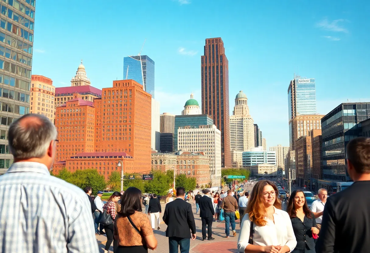 Cityscape of Greater Cleveland with people representing diverse jobs