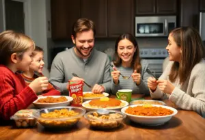 A family gathered around a table enjoying Hamburger Helper