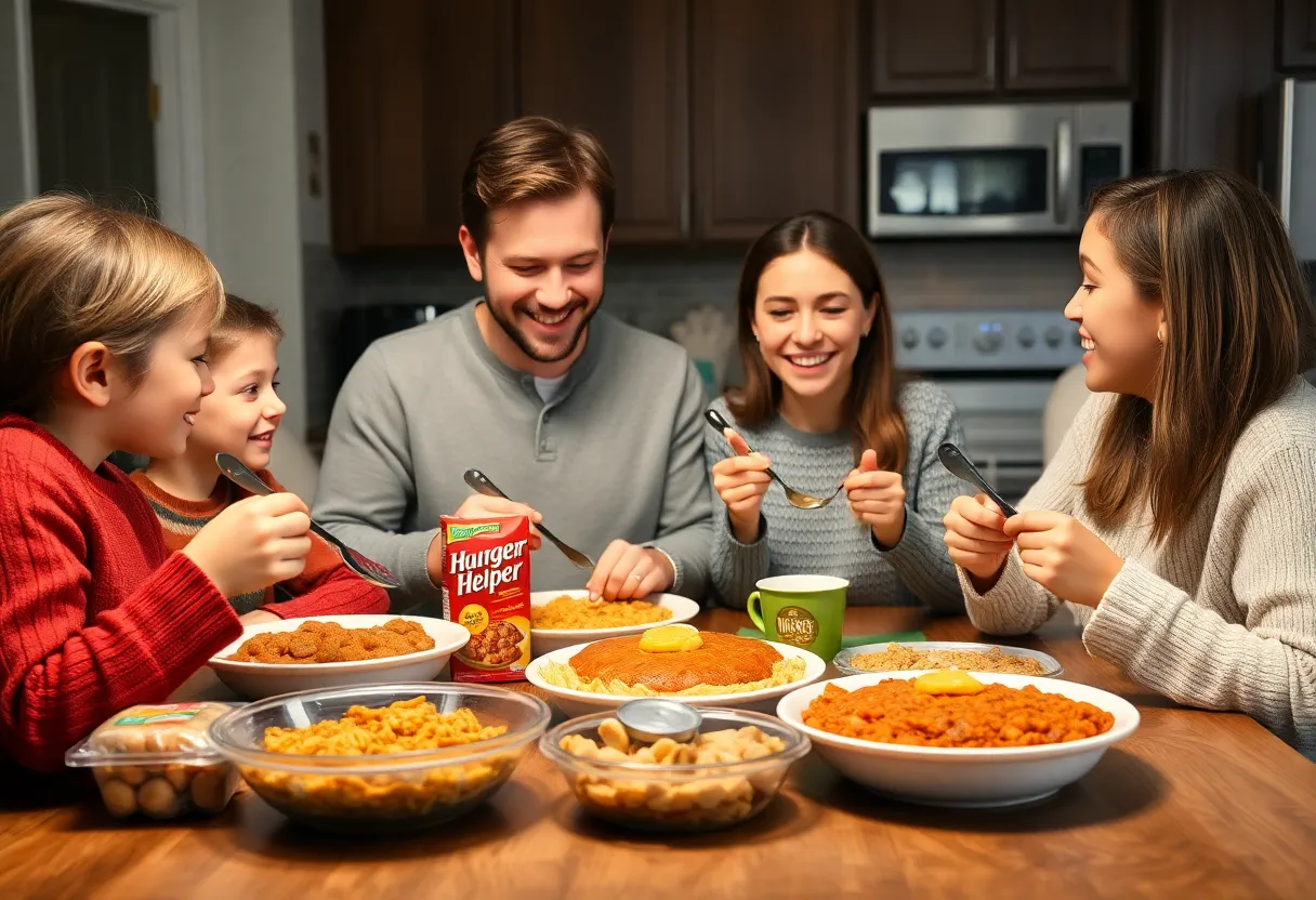 A family gathered around a table enjoying Hamburger Helper