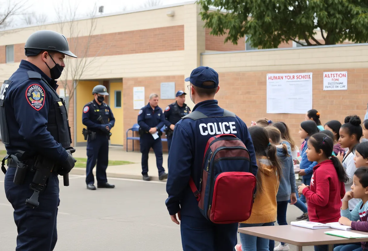 Police operation at a school to raise awareness about human trafficking