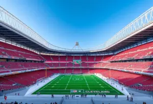Rendering of Huntington Bank Field with translucent roof and Cleveland skyline