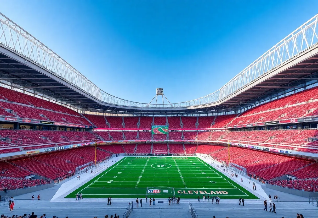 Rendering of Huntington Bank Field with translucent roof and Cleveland skyline