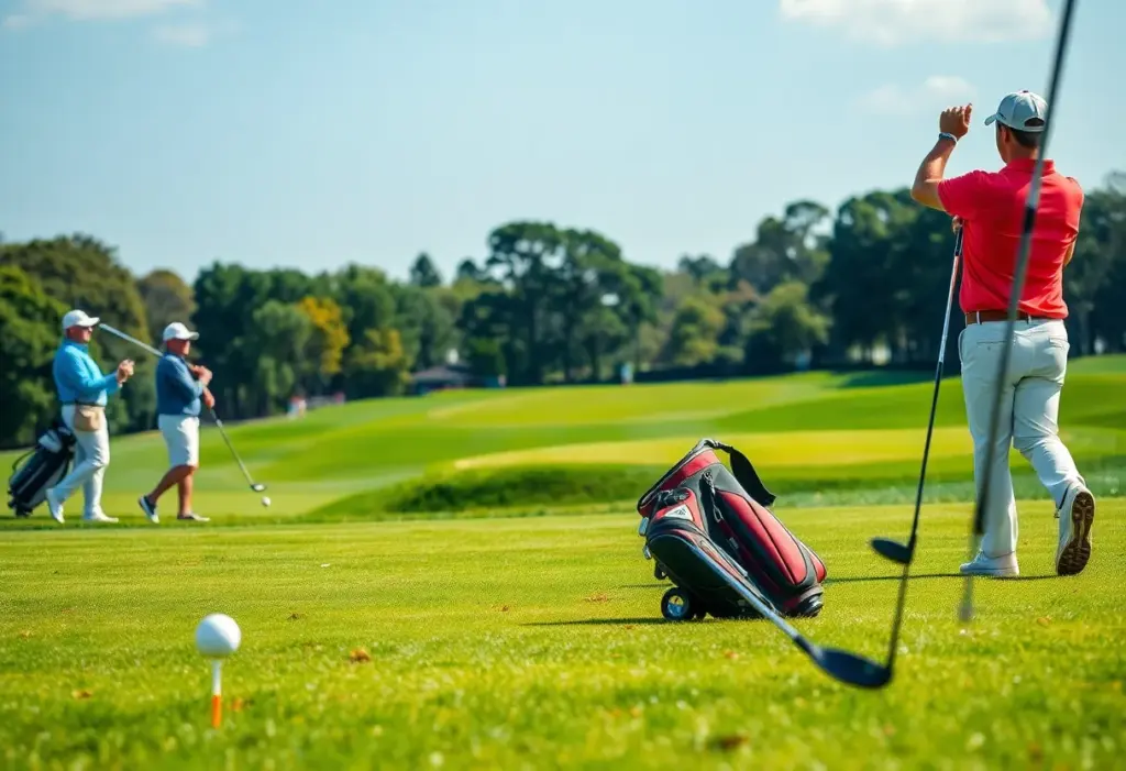 High-performance golf clubs and wedges on a lush green course