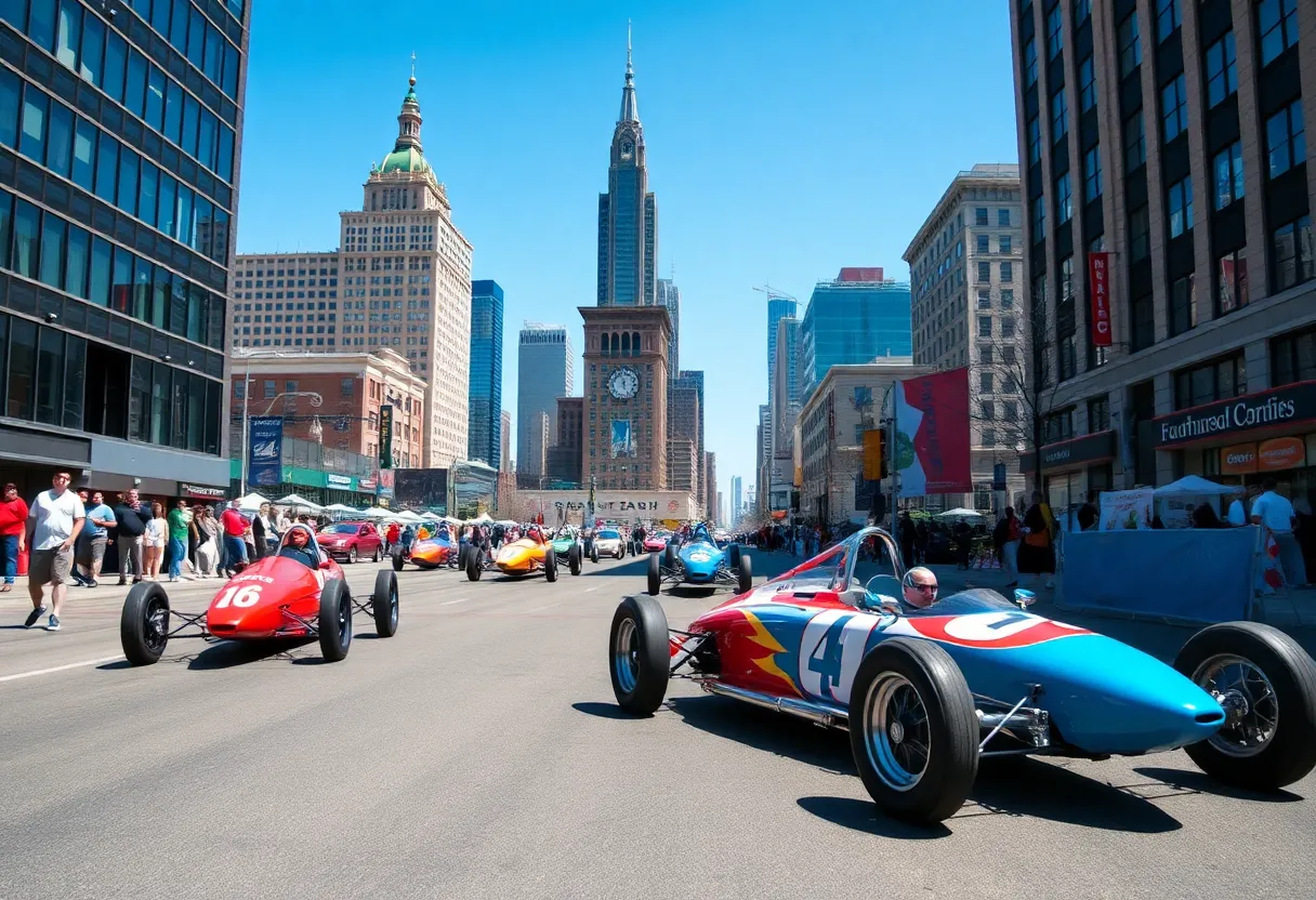 IndyCar race cars speeding through downtown Cleveland streets