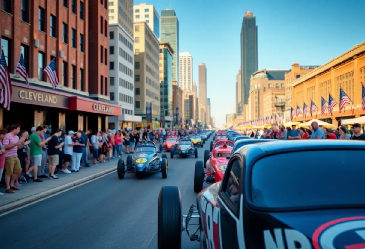 An open-wheel race taking place on the streets of downtown Cleveland with fans watching.