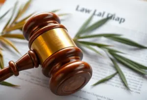 Gavel and legal documents with hemp leaves in background