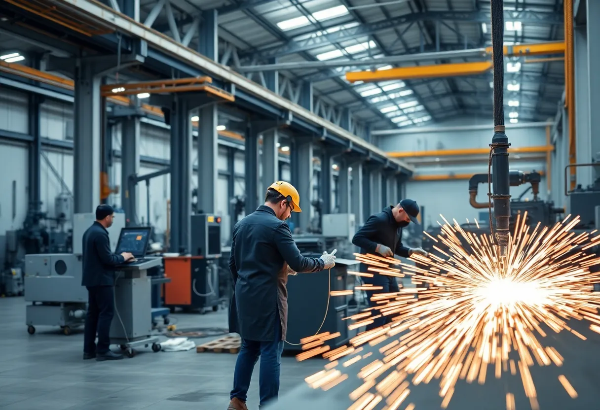 Workers operating advanced welding equipment at Lincoln Electric