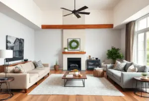 Various home renovation styles in a living room setting.