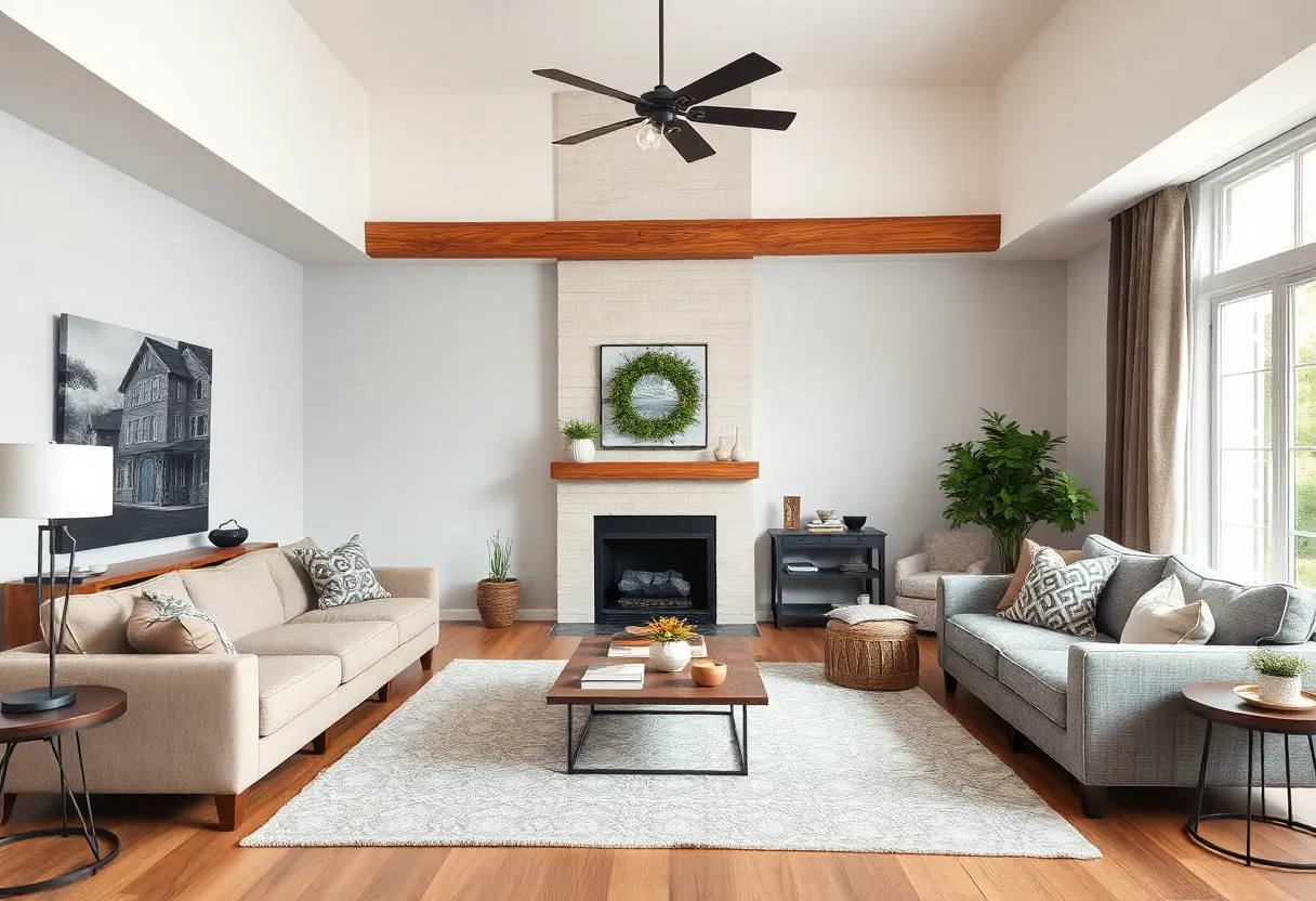 Various home renovation styles in a living room setting.
