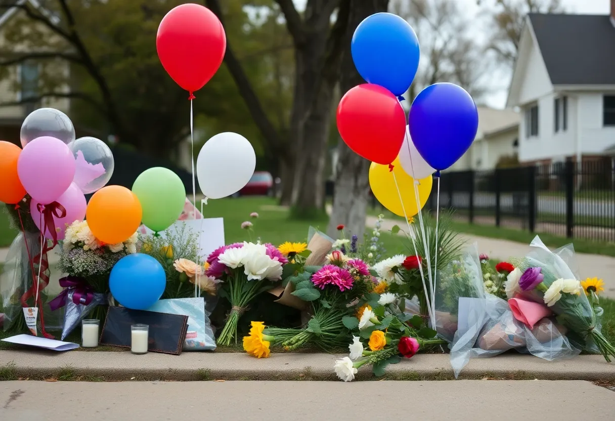 A memorial with balloons and flowers commemorating a young individual in Cleveland