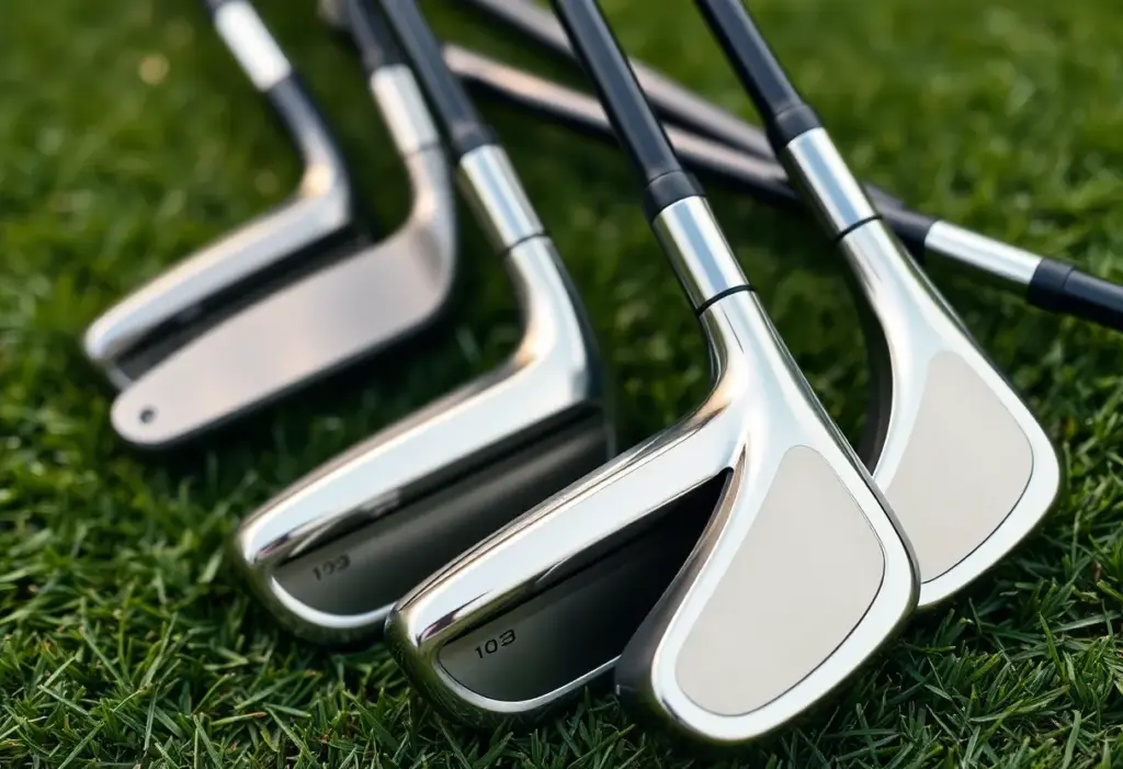 Sleek Miura Golf KM-Baby Blades iron clubs on a golf tee