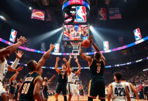 Dynamic basketball scene with NBA teams competing