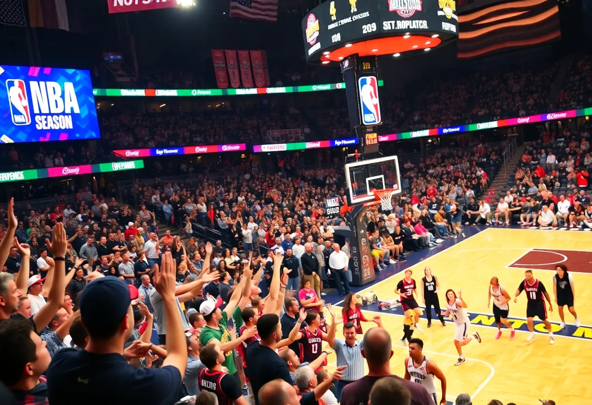 NBA game scene during the season opener with fans and players.