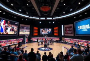 Interior of the revamped NBA TV studio showcasing screens and fans