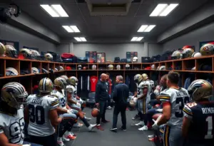 NFL players discussing trades in a locker room
