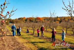 Families picking apples in a sparse orchard in Northeast Ohio during fall.