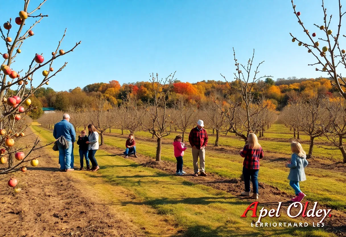 Families picking apples in a sparse orchard in Northeast Ohio during fall.