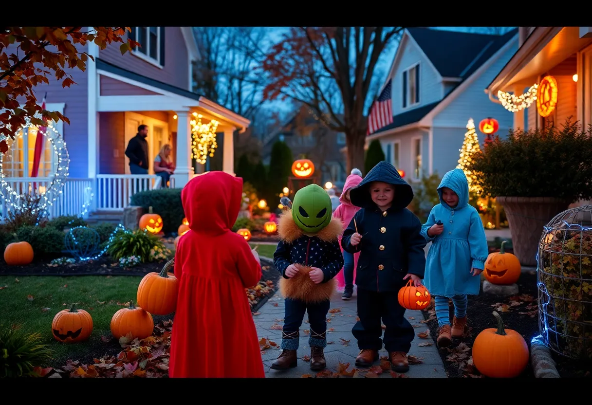 Children in costumes trick-or-treating in a decorated neighborhood for Halloween.