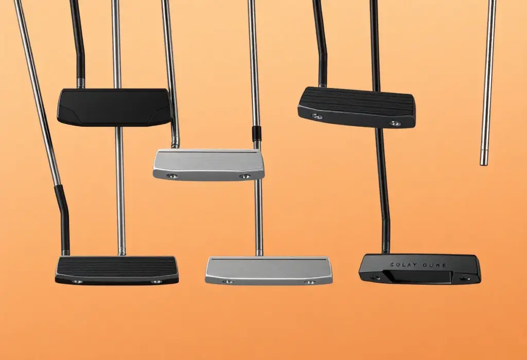 A set of new Odyssey Square 2 Square putters displayed on a golf course