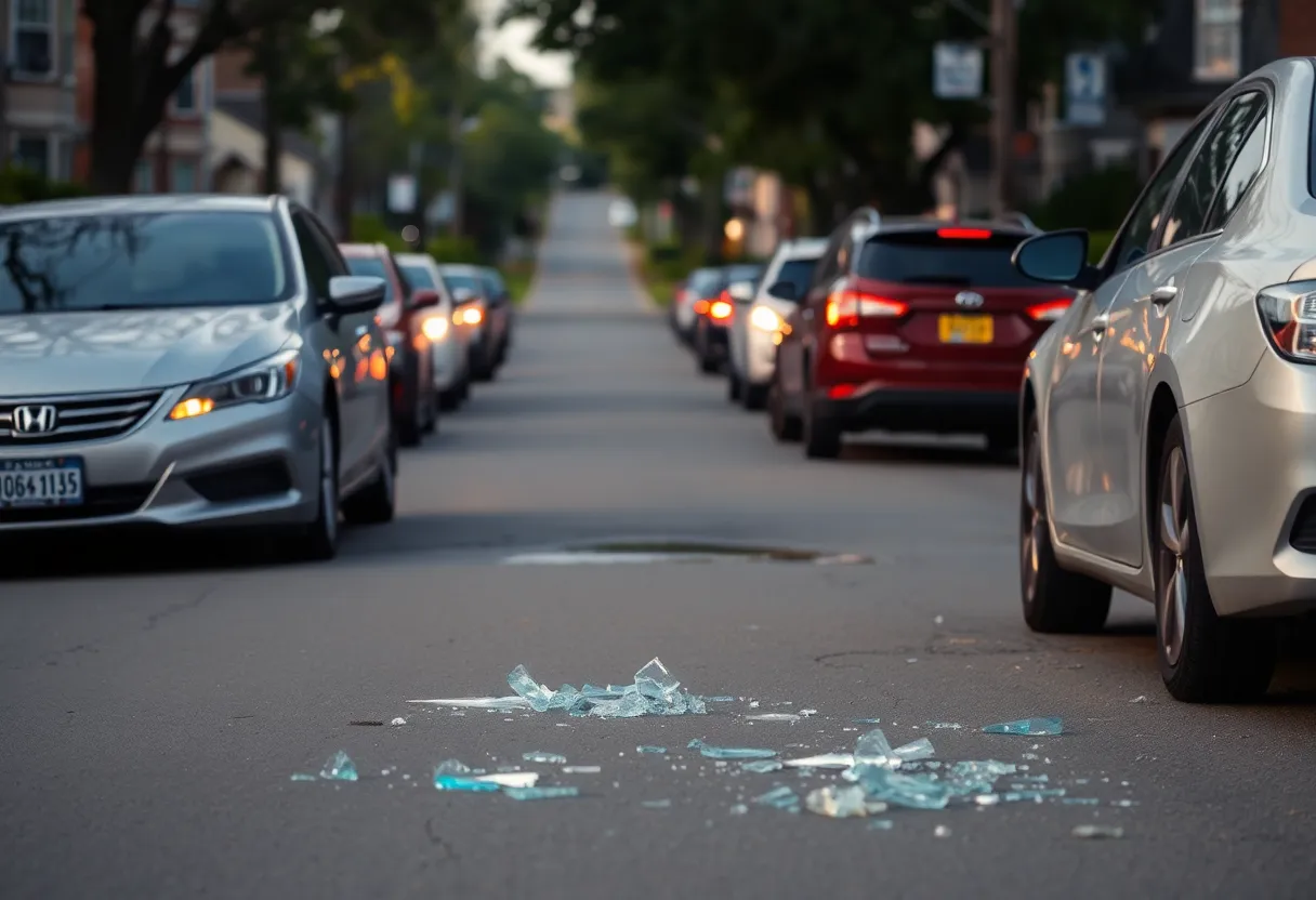Street in Ohio City showing broken glass and parked cars amidst safety concerns