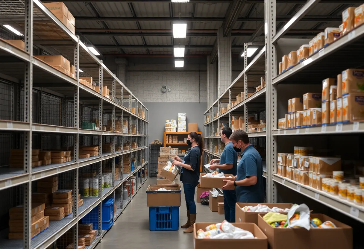 Food bank workers at a distribution center in Ohio preparing food packages for families in need