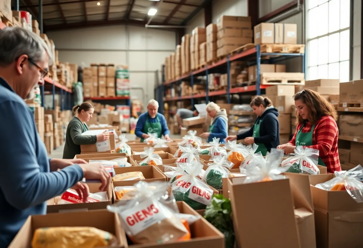 Volunteers packaging food at an Ohio food bank