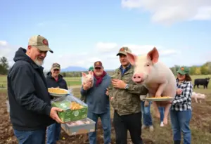 Ohio pig farmers handing out meals to veterans in a community event.