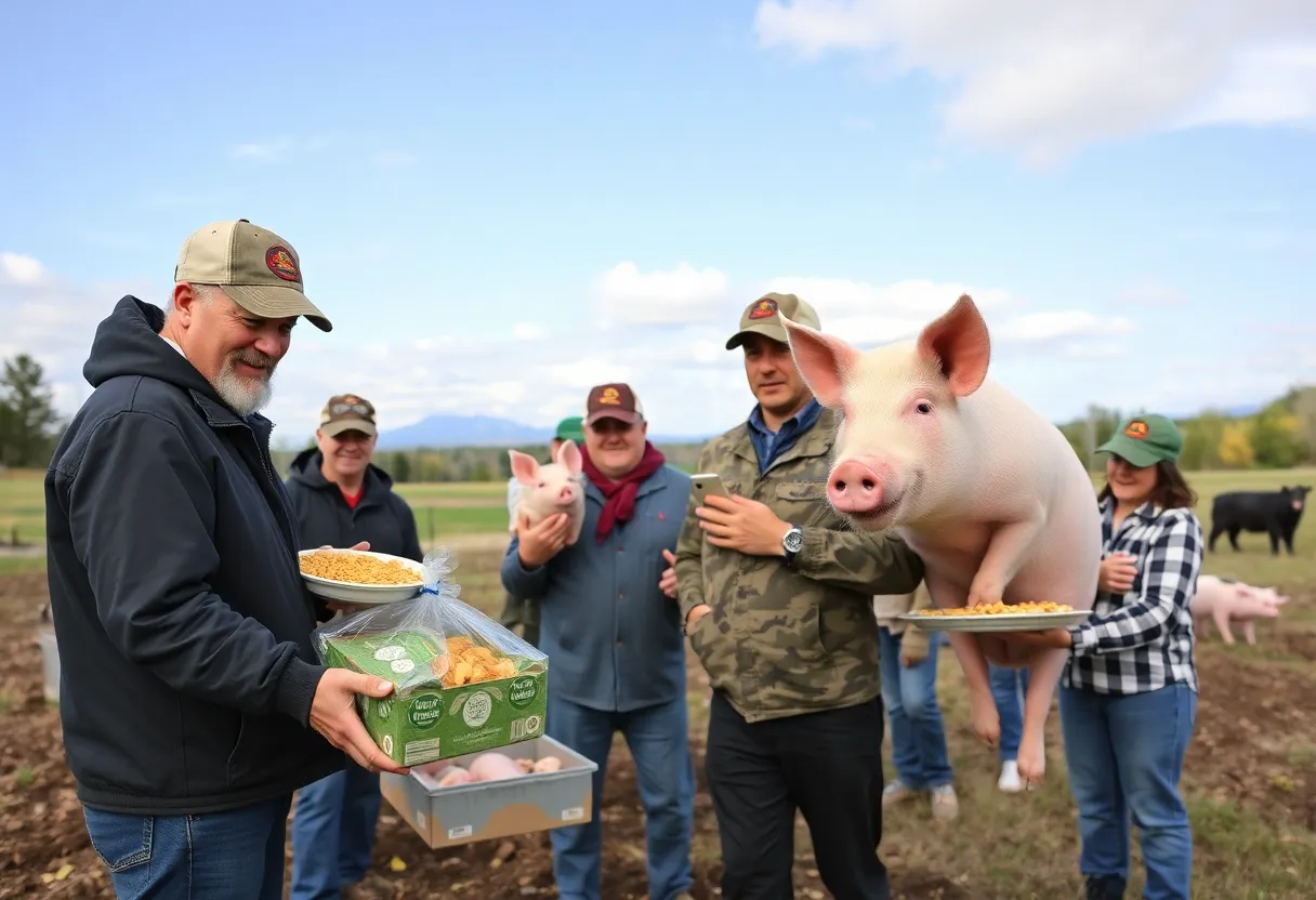 Ohio pig farmers handing out meals to veterans in a community event.