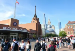 A lively view of Ohio's urban attractions highlighting the Rock and Roll Hall of Fame