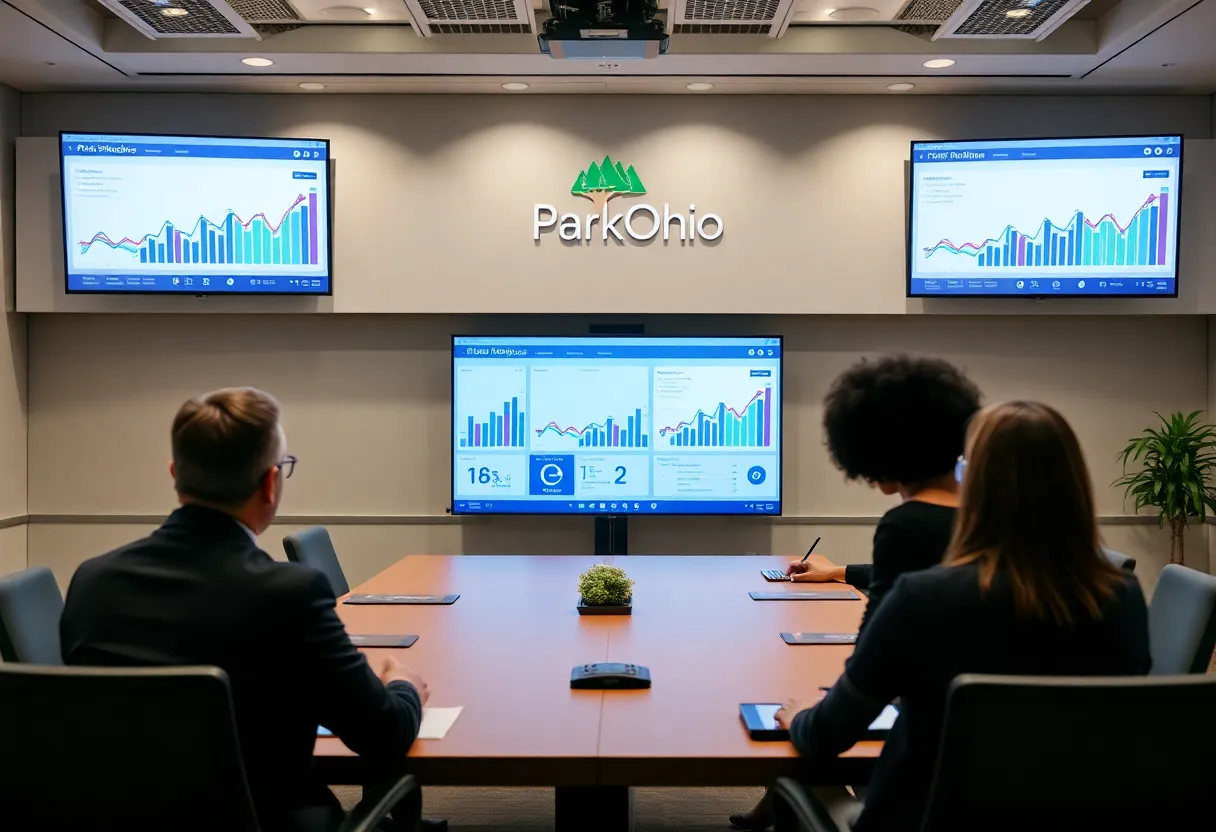 Corporate meeting room with webcast setup for ParkOhio