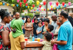 Families engaging in a community event discussing local improvements in Slavic Village.