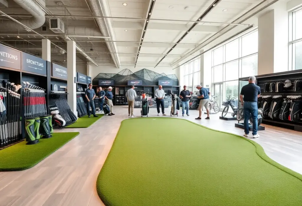 Interior view of the PGA Tour Superstore in Cherry Hill showing golf products and customers