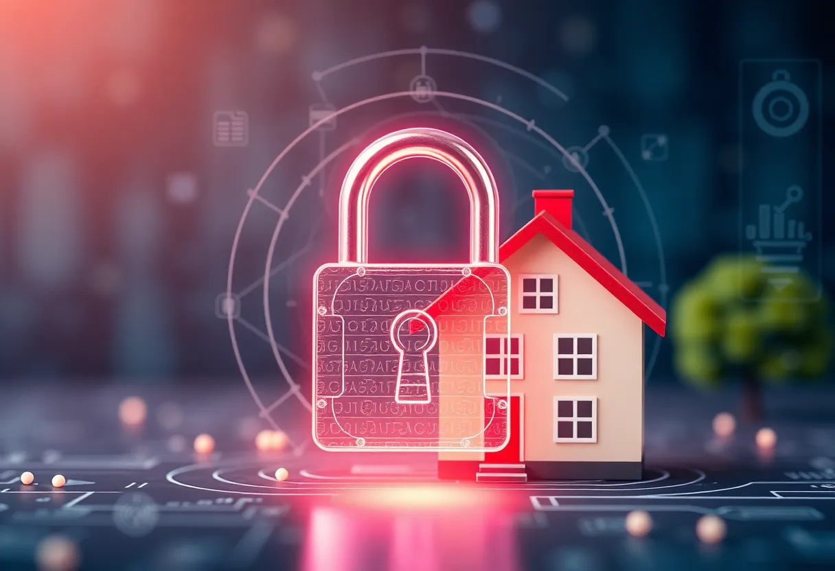 Illustration of a house secured with a digital lock symbolizing protection against property fraud.
