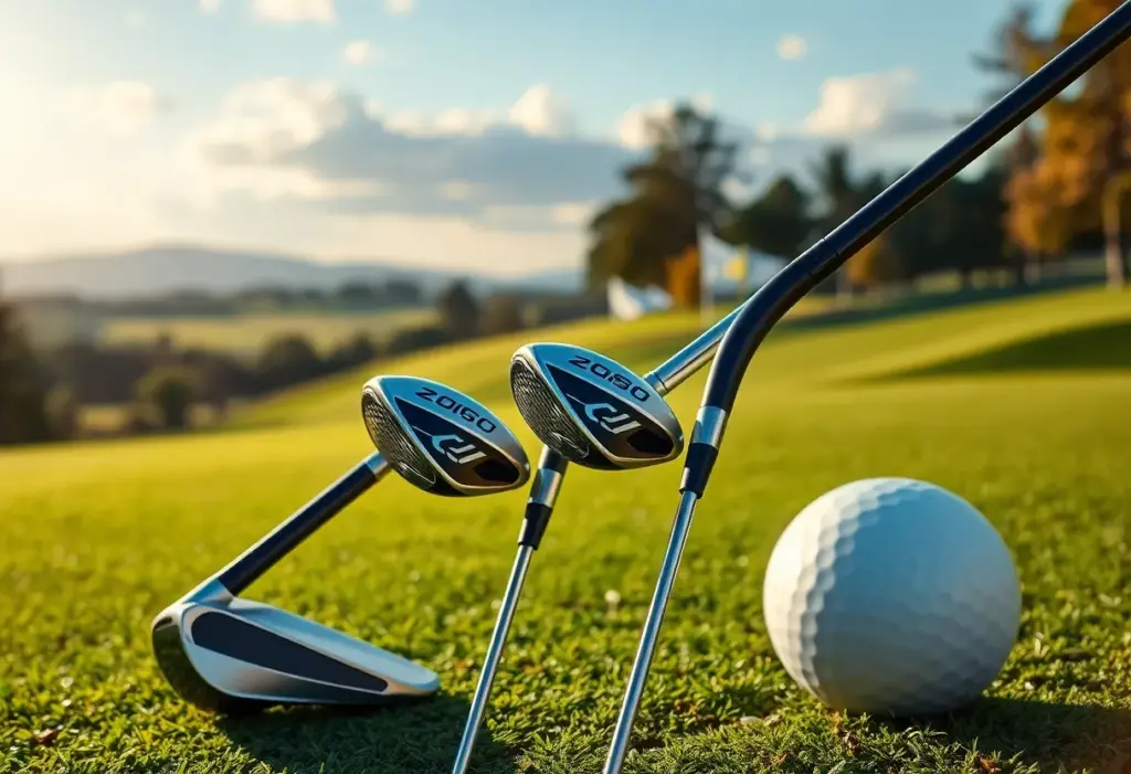 A premium set of PXG golf clubs in a picturesque outdoor background.