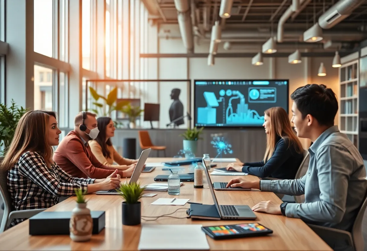 Professionals discussing AI and SEO strategies in an office